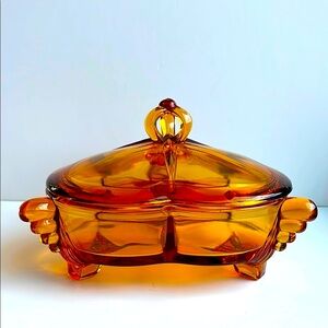 VTG Amber Glass 3 Section Divided Footed Covered Dish Bowl 8” Art Deco Style